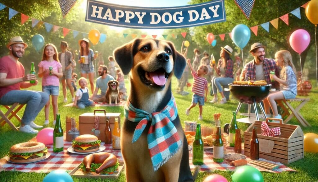 Pies w parku z ludźmi podczas obchodów Międzynarodowego Dnia Psa