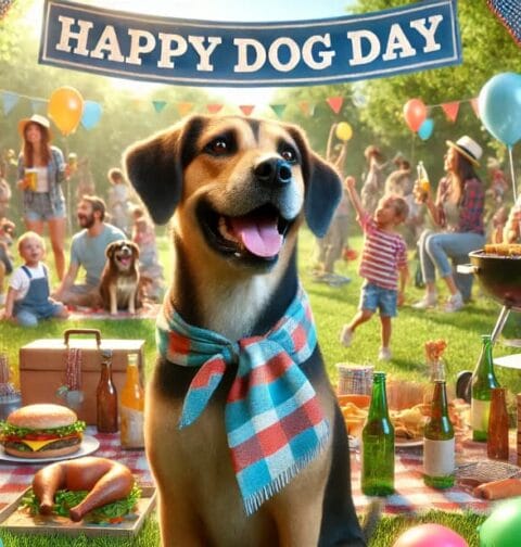 Pies w parku z ludźmi podczas obchodów Międzynarodowego Dnia Psa