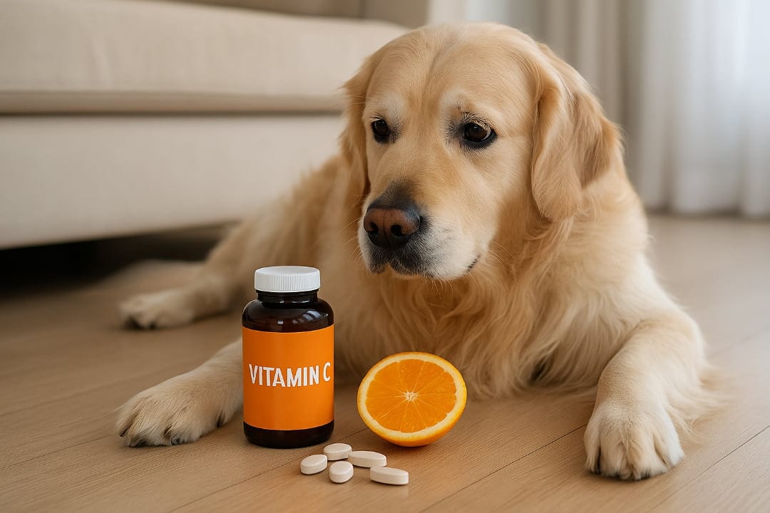 Pies przy pudełku z witaminą C