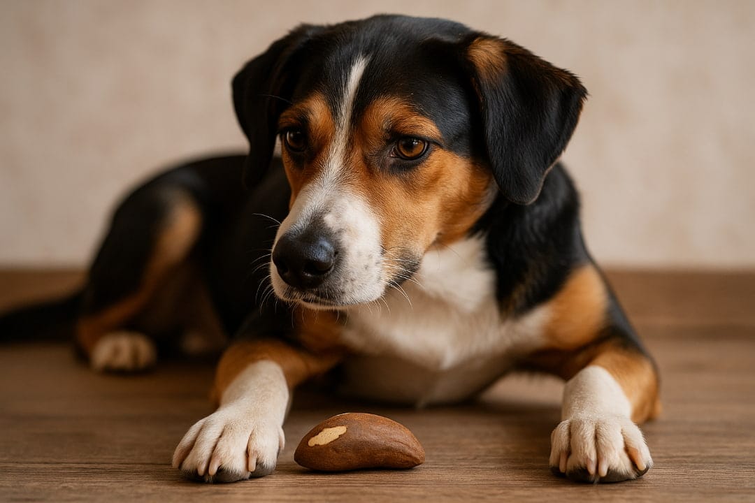 Pies z orzechem brazylijskim przy pysku