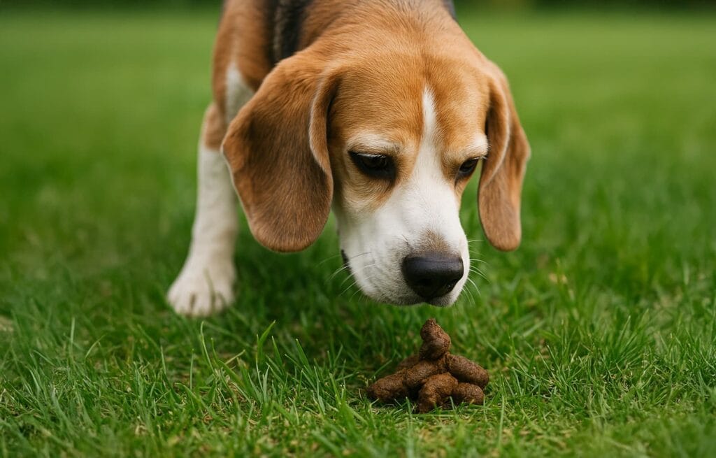 Zdjęcie psa, który wącha kupę na trawniku