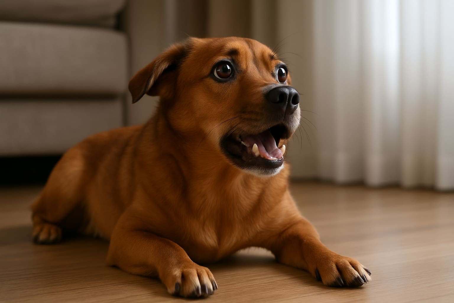 Pies z czkawką na podłodze